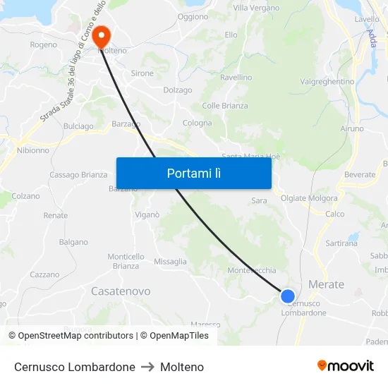 Cernusco Lombardone to Molteno map