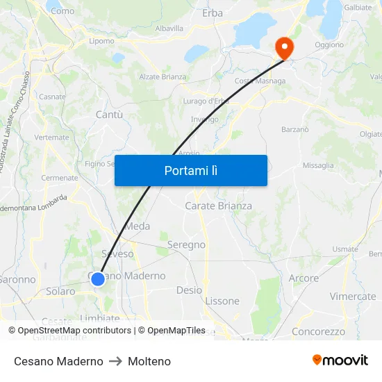 Cesano Maderno to Molteno map