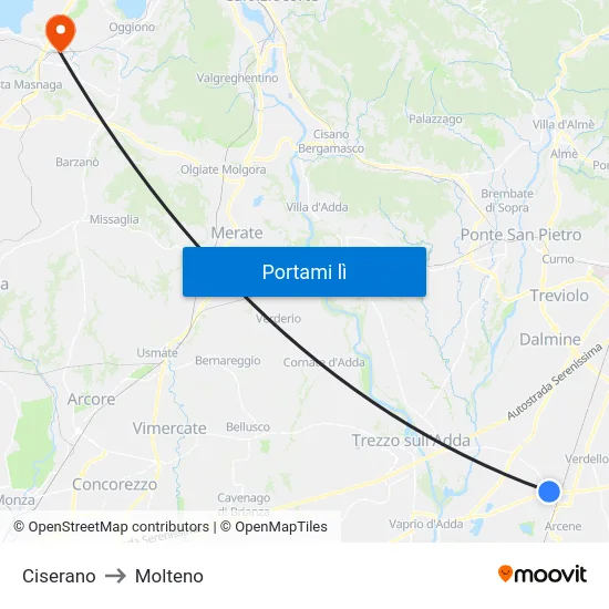 Ciserano to Molteno map