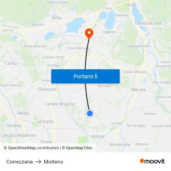 Correzzana to Molteno map