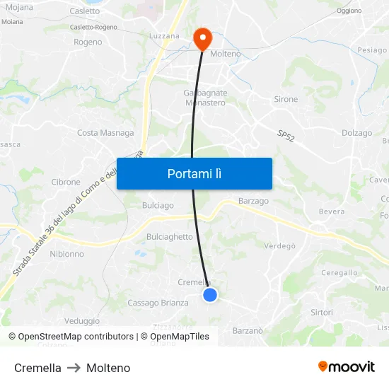 Cremella to Molteno map