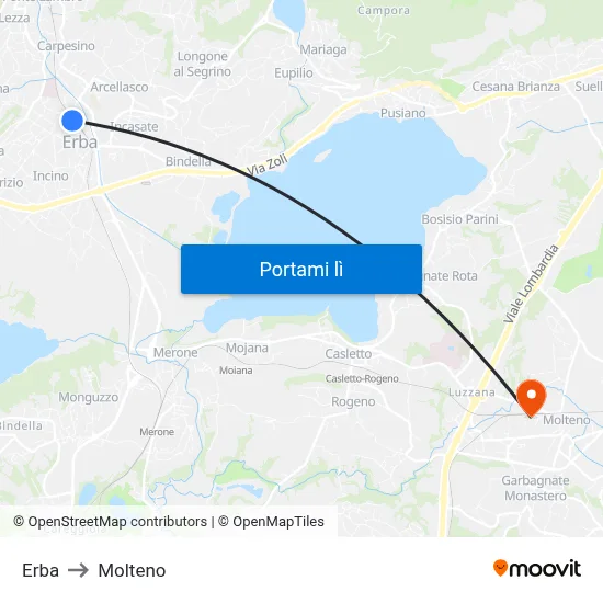 Erba to Molteno map
