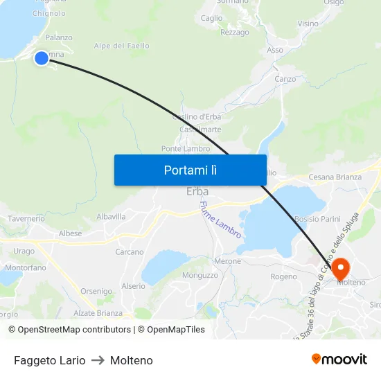Faggeto Lario to Molteno map