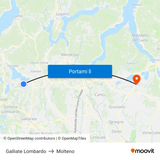 Galliate Lombardo to Molteno map
