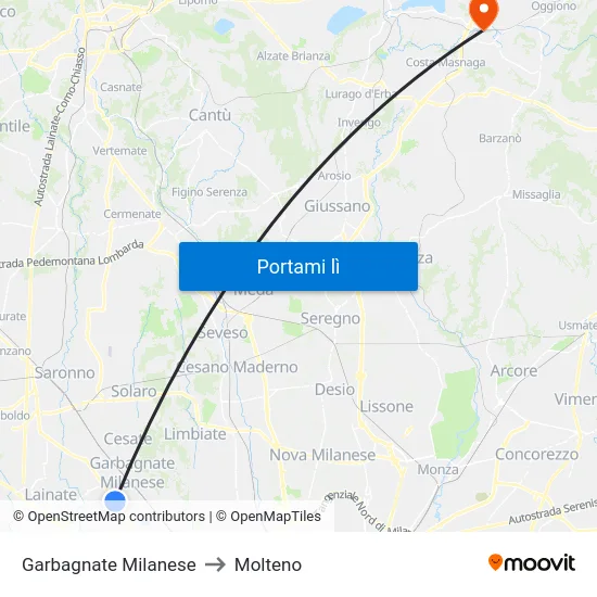 Garbagnate Milanese to Molteno map