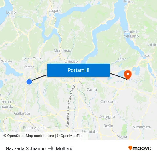 Gazzada Schianno to Molteno map