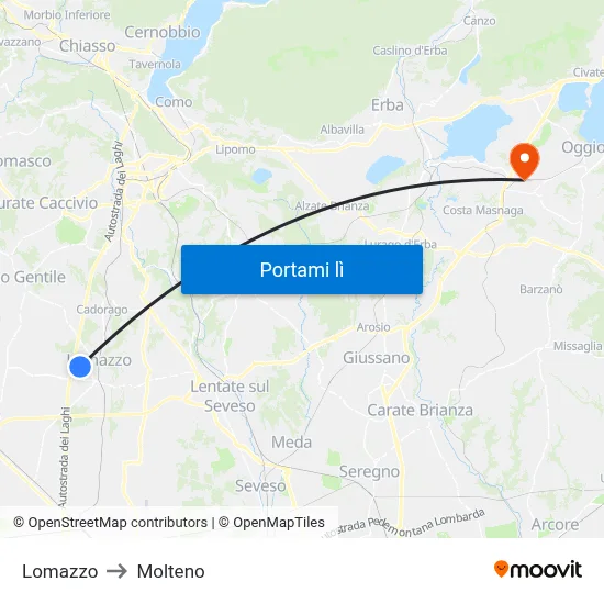 Lomazzo to Molteno map
