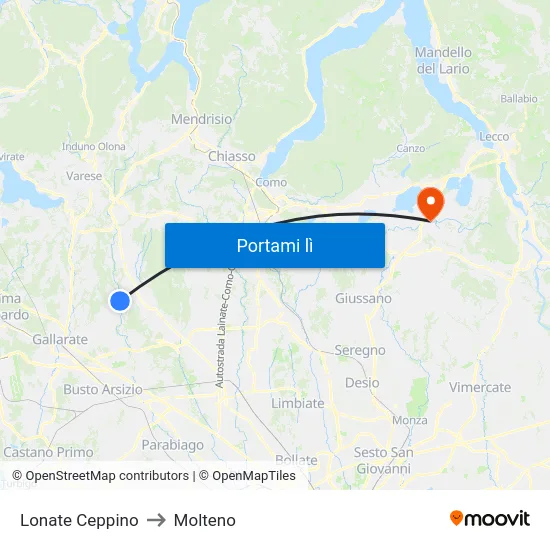 Lonate Ceppino to Molteno map