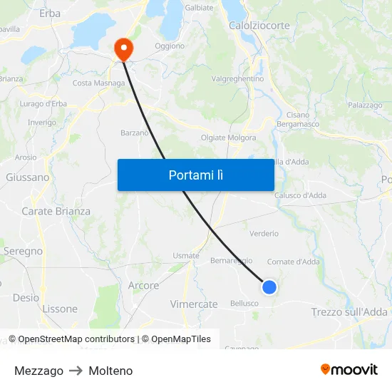 Mezzago to Molteno map