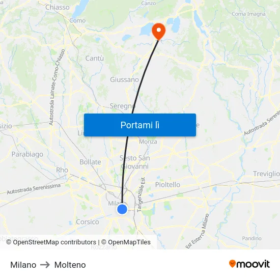 Milano to Molteno map