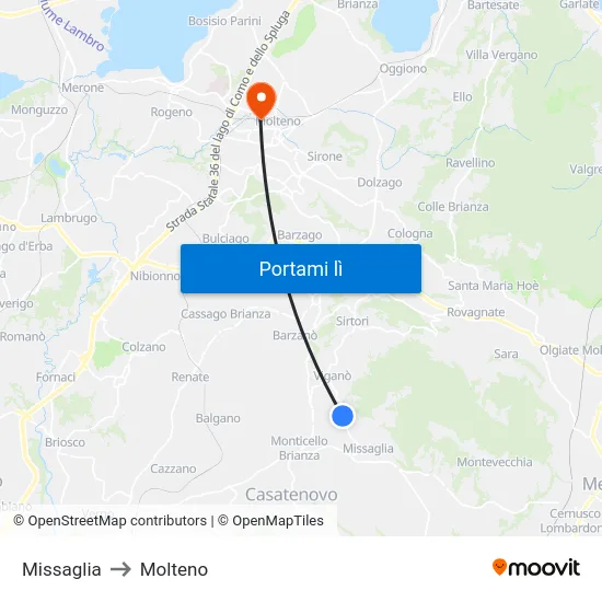 Missaglia to Molteno map