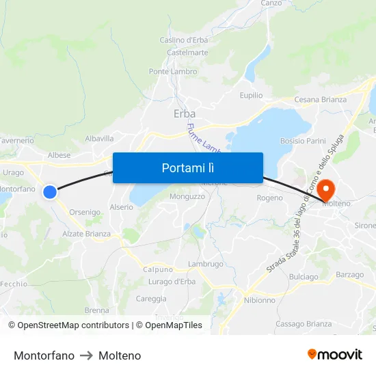 Montorfano to Molteno map