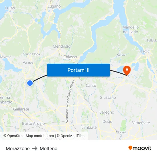 Morazzone to Molteno map
