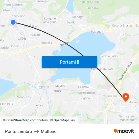 Ponte Lambro to Molteno map