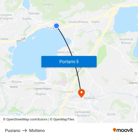 Pusiano to Molteno map