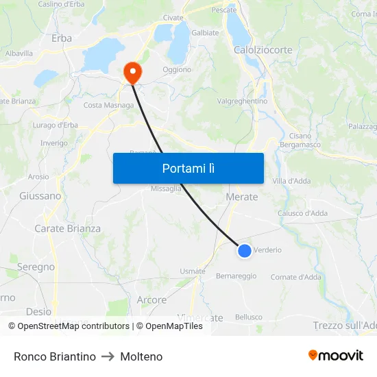 Ronco Briantino to Molteno map