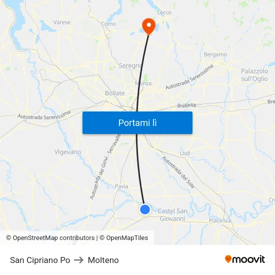 San Cipriano Po to Molteno map