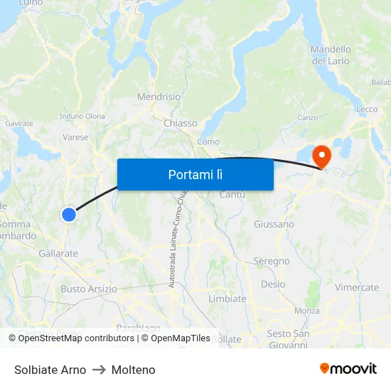 Solbiate Arno to Molteno map
