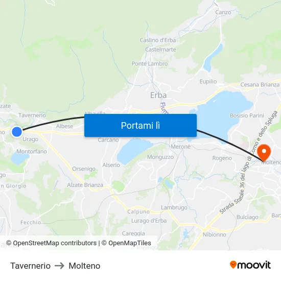 Tavernerio to Molteno map