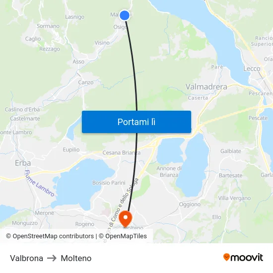 Valbrona to Molteno map