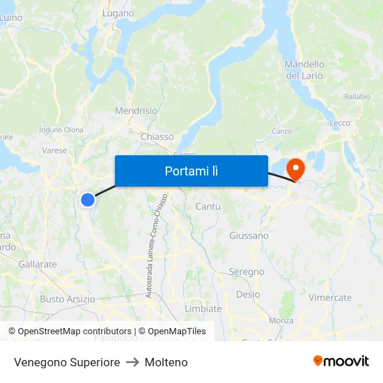 Venegono Superiore to Molteno map