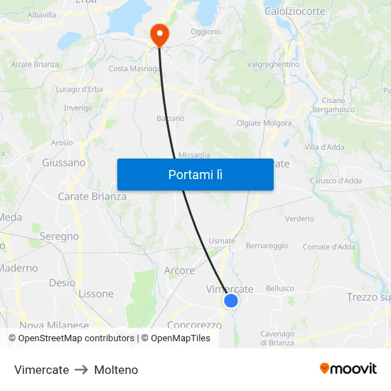 Vimercate to Molteno map