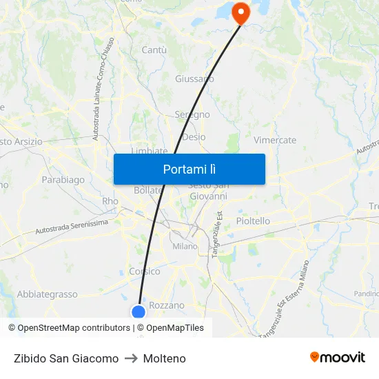 Zibido San Giacomo to Molteno map