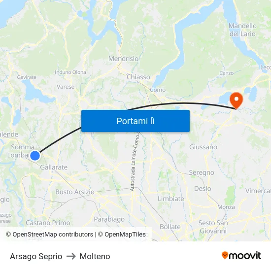 Arsago Seprio to Molteno map