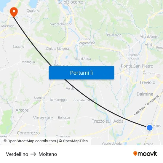 Verdellino to Molteno map
