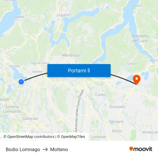 Bodio Lomnago to Molteno map
