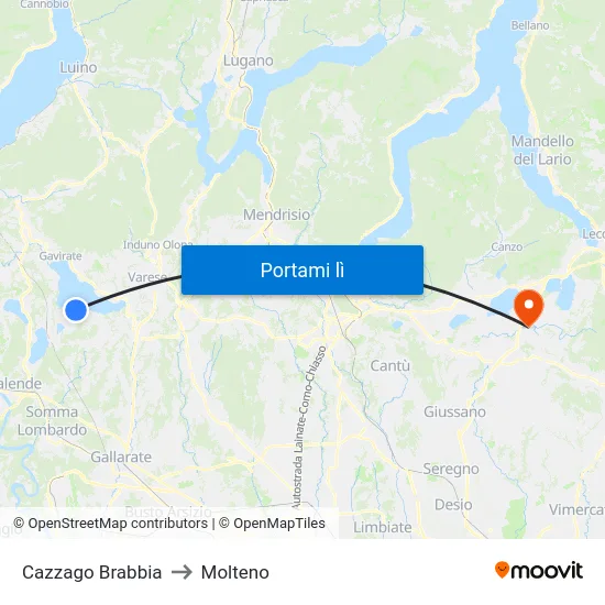 Cazzago Brabbia to Molteno map
