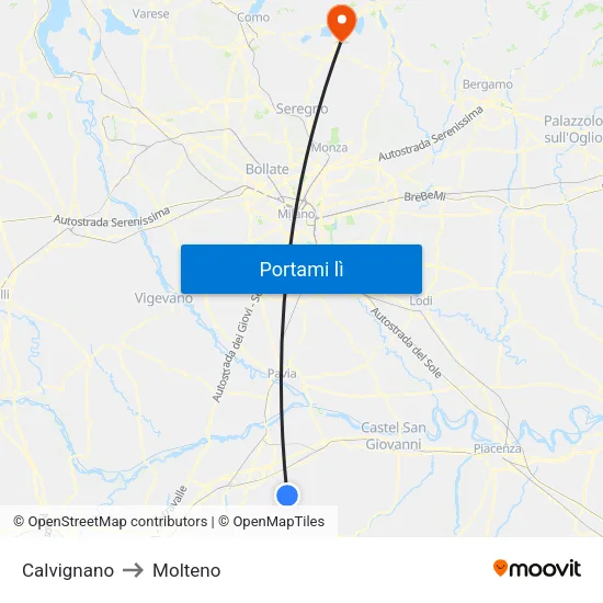 Calvignano to Molteno map