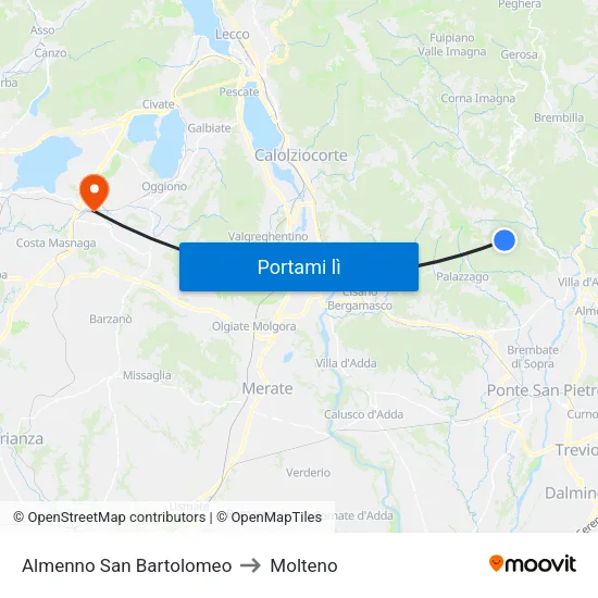 Almenno San Bartolomeo to Molteno map