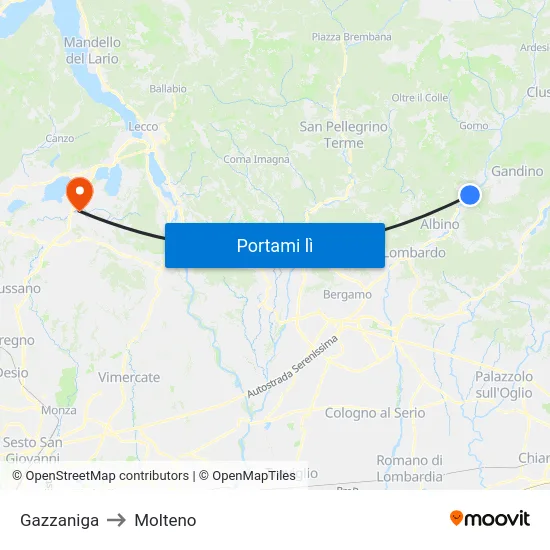 Gazzaniga to Molteno map