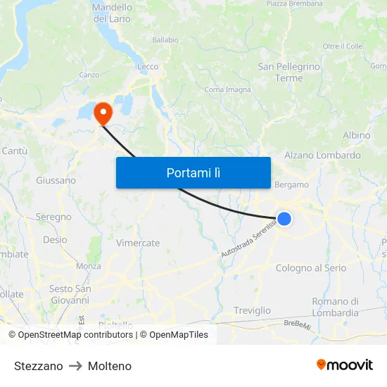 Stezzano to Molteno map
