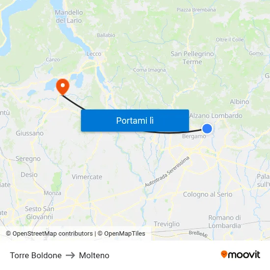 Torre Boldone to Molteno map