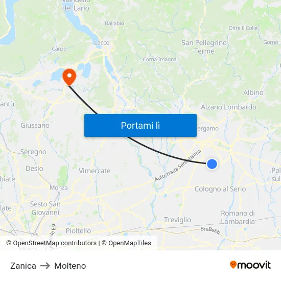 Zanica to Molteno map