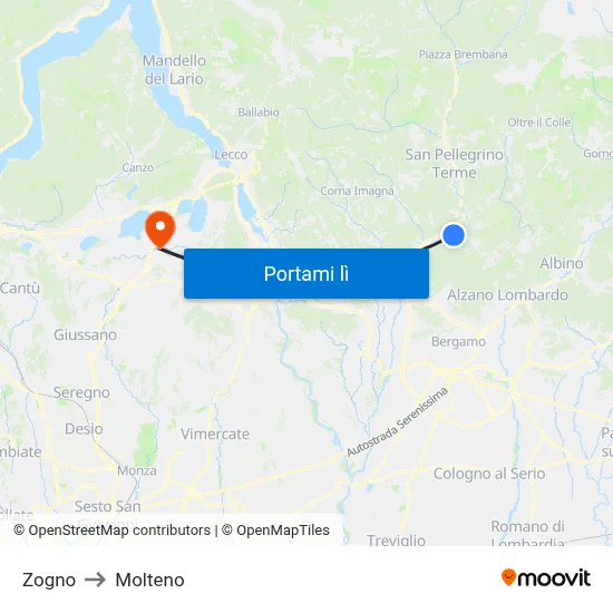 Zogno to Molteno map