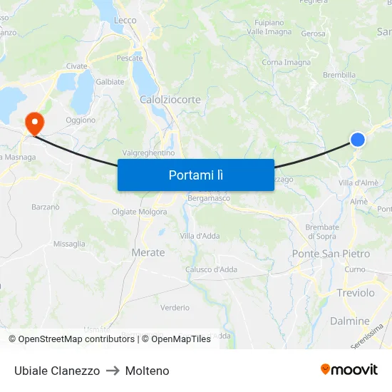Ubiale Clanezzo to Molteno map