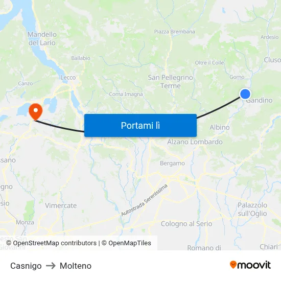 Casnigo to Molteno map