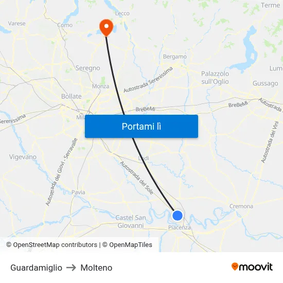 Guardamiglio to Molteno map