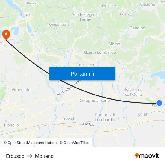 Erbusco to Molteno map