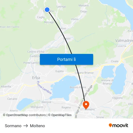 Sormano to Molteno map