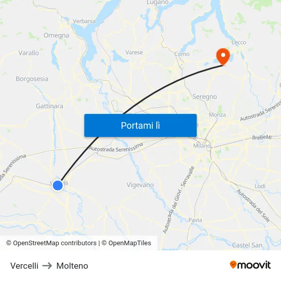 Vercelli to Molteno map