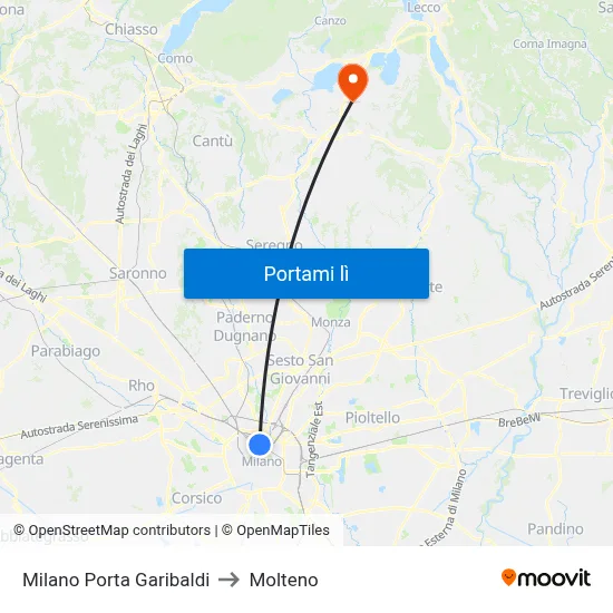 Milano Porta Garibaldi to Molteno map