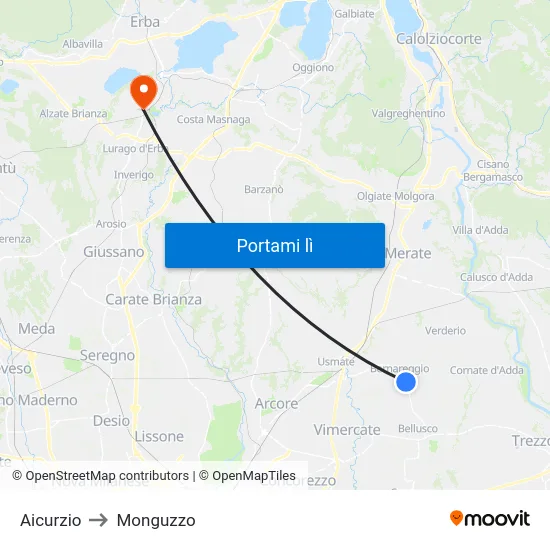 Aicurzio to Monguzzo map