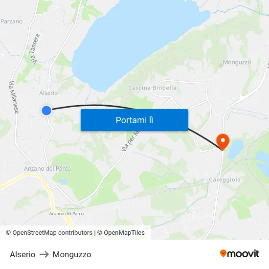 Alserio to Monguzzo map