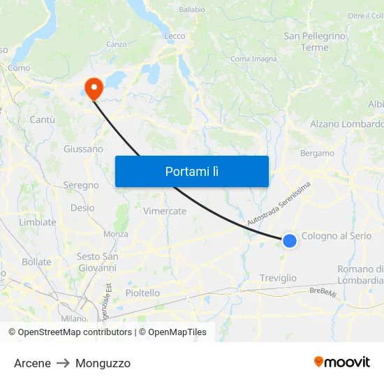 Arcene to Monguzzo map