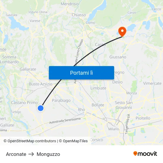 Arconate to Monguzzo map