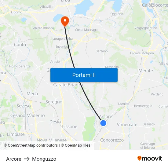 Arcore to Monguzzo map